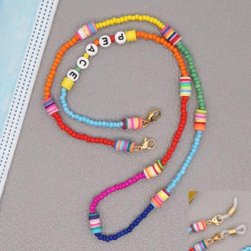 Maskenkette Brillenkette Perlenkette Farbig diverser Perlen und Buchstaben Peace