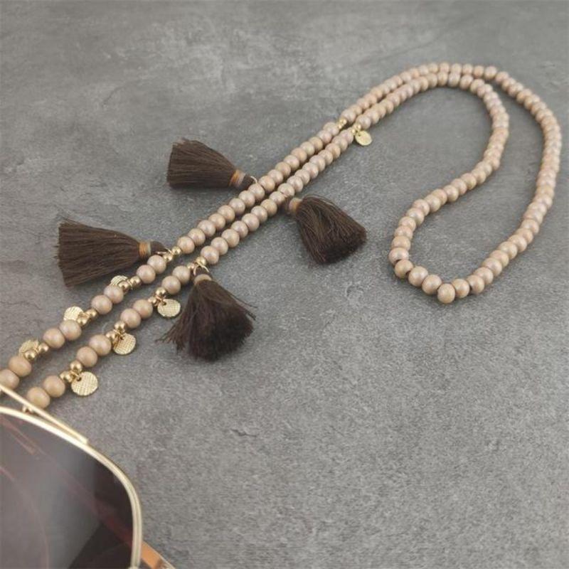 Maskenkette und Brillenkette in Einem - Perlenkette mit braunen Pompom Anhaengern