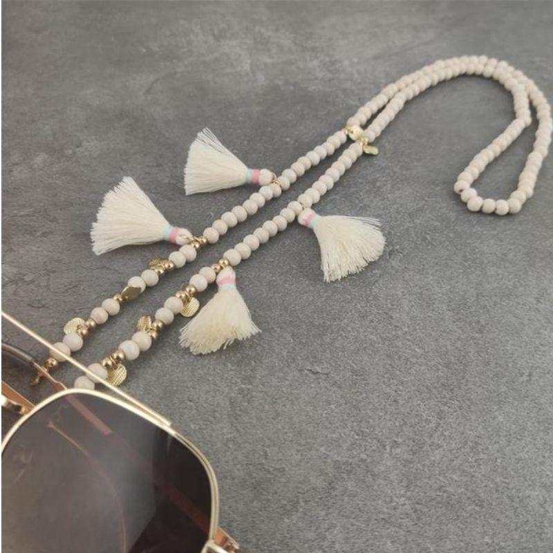 Weiss Creme Brillenkette Maskenkette mit Pompoms Boho Hippie Style