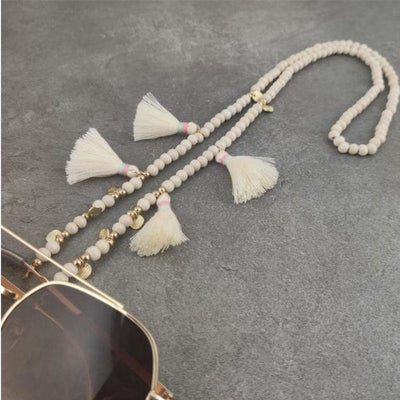 Weiss Creme Brillenkette Maskenkette mit Pompoms Boho Hippie Style