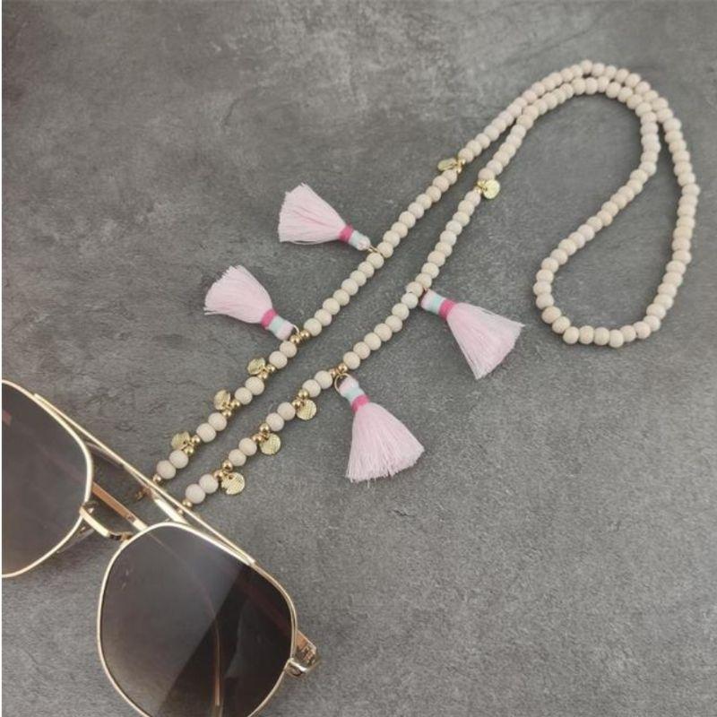 Hippie Style Bohochic Brillenkette aus hellbraunen Perlen und rosa Pompoms