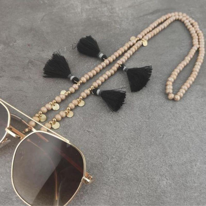 Hippie Style Brillenkette Maskenkette mit Pompoms und braunen Perlen