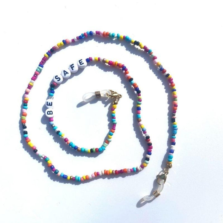 Brillenkette Maskenkette aus farbigen Perlen mit Schrift BE SAFE