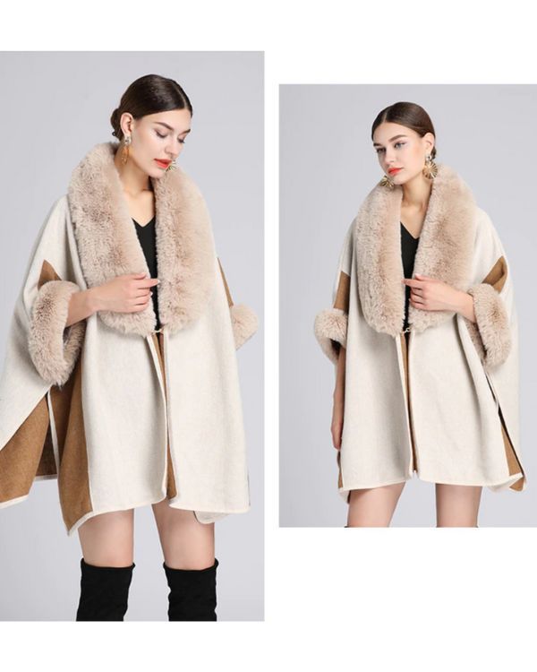 Damen Poncho Cape mit Kragen und Verschluss - Kunstfell Poncho Cape perfekt fuer kuehlere Tage