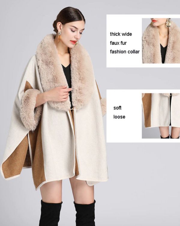 Kunstfell Kragen Poncho Cape - Kragen in beige aus kuscheligem Kunstfell 