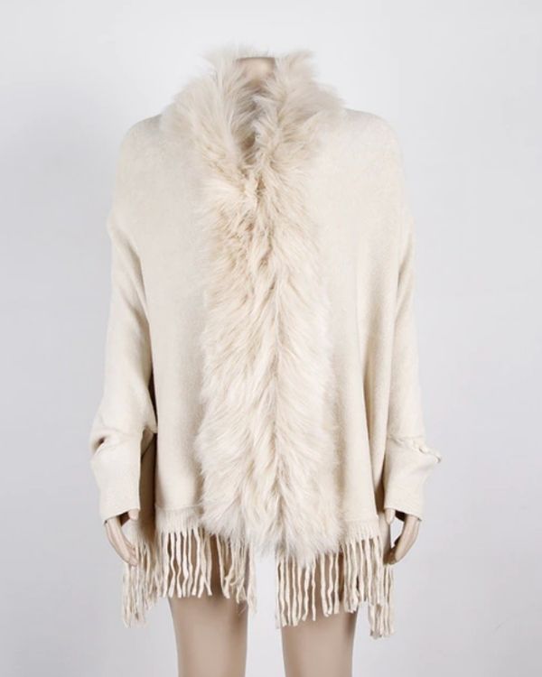 Weiss-Creme Damen Cape mit Fransen und Kunstfell Kragen - Eleganter Damen Poncho Cardigan Strickjace