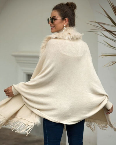 Kuscheliger Poncho Cape mit Kunstfell Kragen 