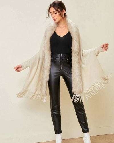 Damen Cardigan Strickjacke mit Kunstpelz und Fransen 
