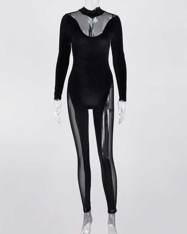 Eng anliegender Damen Overall Jumpsuit in schwarz mit Mesh Cut-Outs Abschnitten 