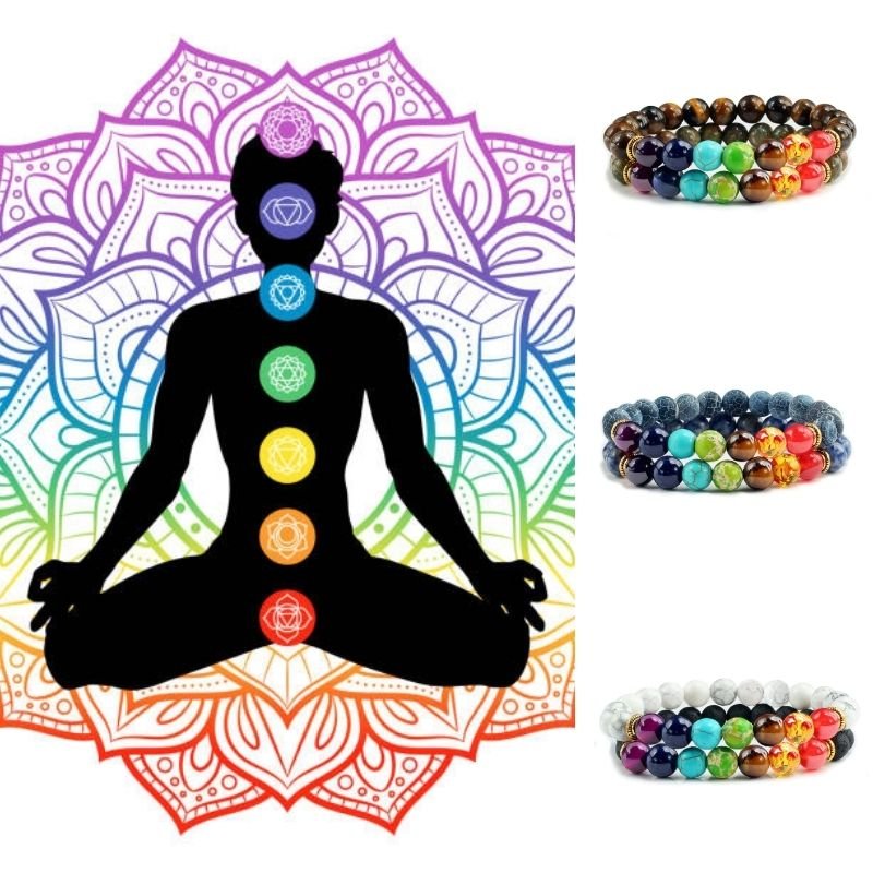 Spirituelle Perlen Armband aus Naturstein Vulkanstein Tiger Auge und farbigen Perlen in den Chakra Farben