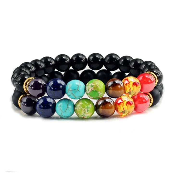 Schwarzes Perlen Armband aus Naturstein und farbigen Chakra Farben Perlen 