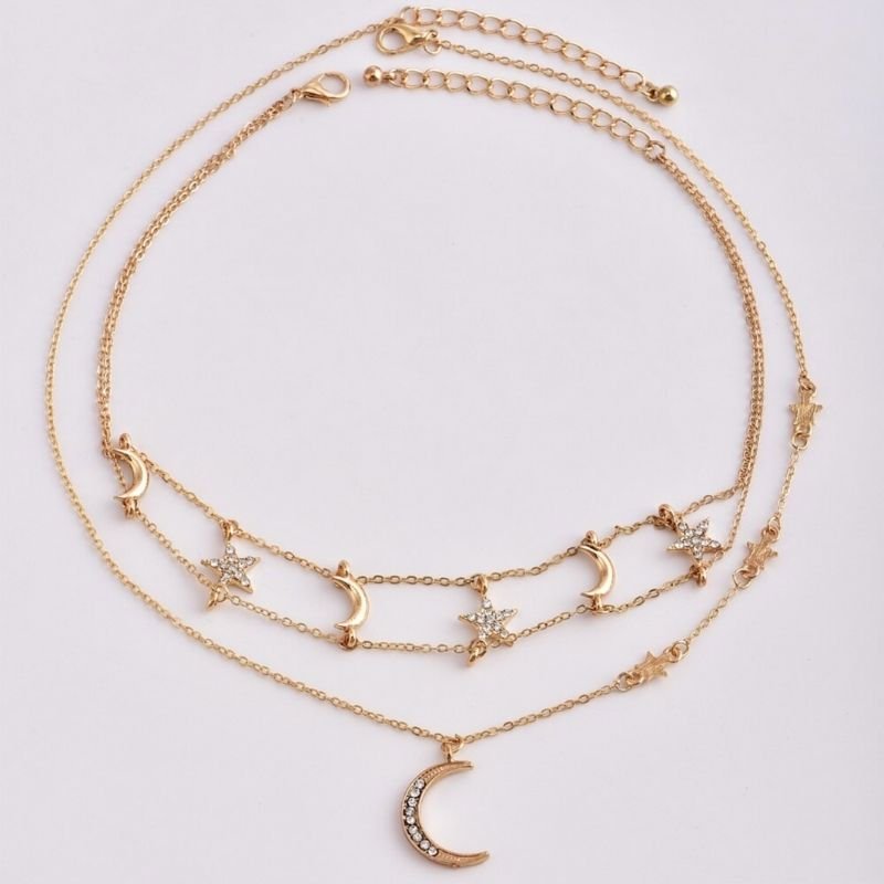 Goldene Choker Halsketten mit Mond und Stern Symbolen - Halbmond mit Glitzer Steinen 