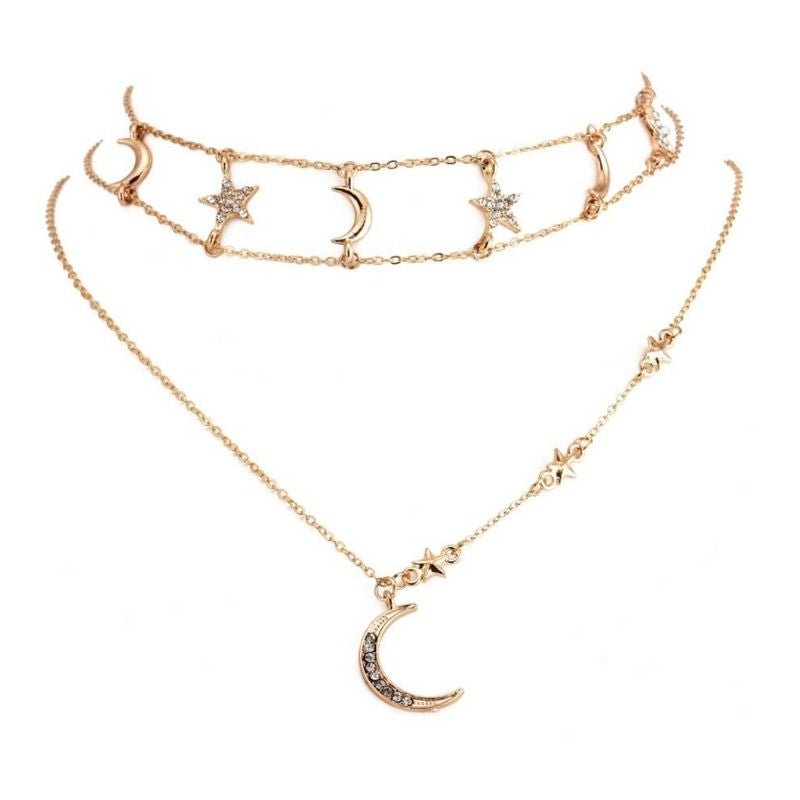 Goldene Choker Halskette mit Mond und Stern Symbolen - Feine goldene Modeschmuck Kette