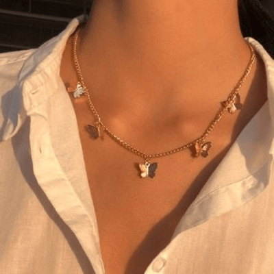 Goldene Choker Halskette Damen - Leichte Choker Kette mit Schmetterling Anhängern