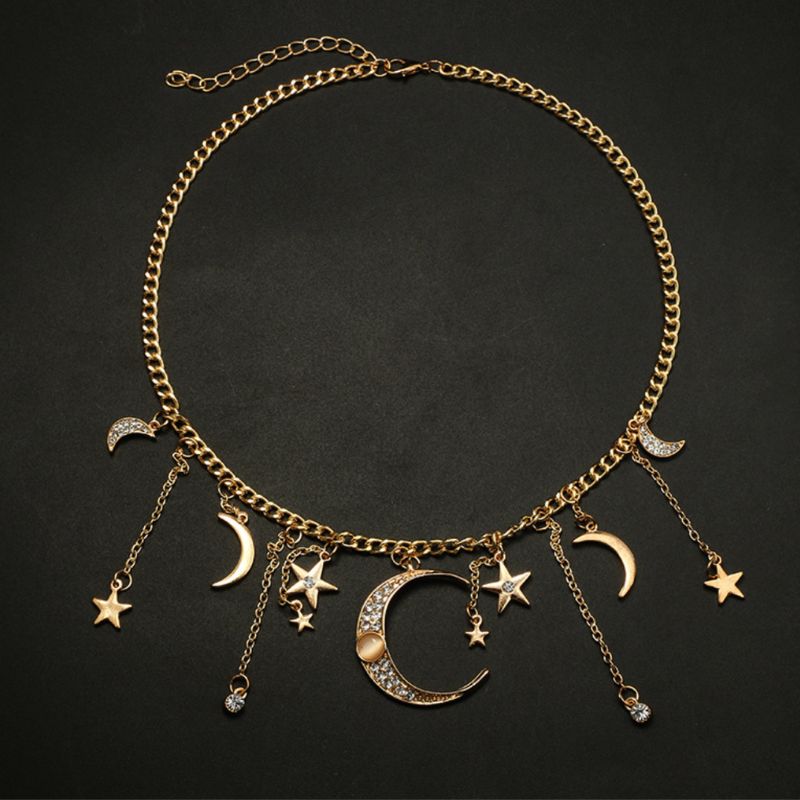 Mond Halskette mit vielen Sternen und Mond Symbolen - Goldene Modeschmuck Kette