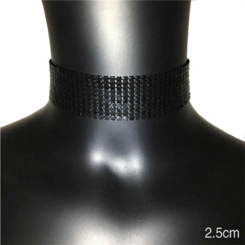 Schwarze Choker Metall Pailletten Halskette Halsband 