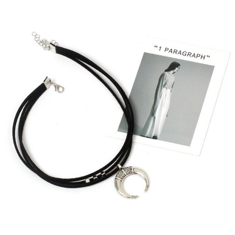 Boho Modeschmuck Choker Halskette mit Halbmond Anhaenger