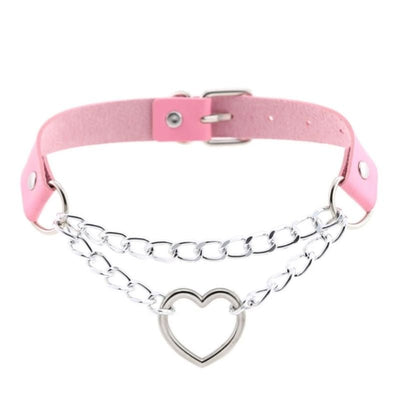 Rosa Choker Kunstleder Halsband Halskette mit Gliederketten und Herz Symbol