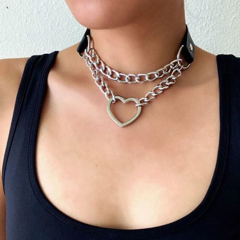 Choker Halskette Kunstleder mit Gliederketten und Herz Symbol - Fetisch Style Halsband Modeschmuck Accessoires