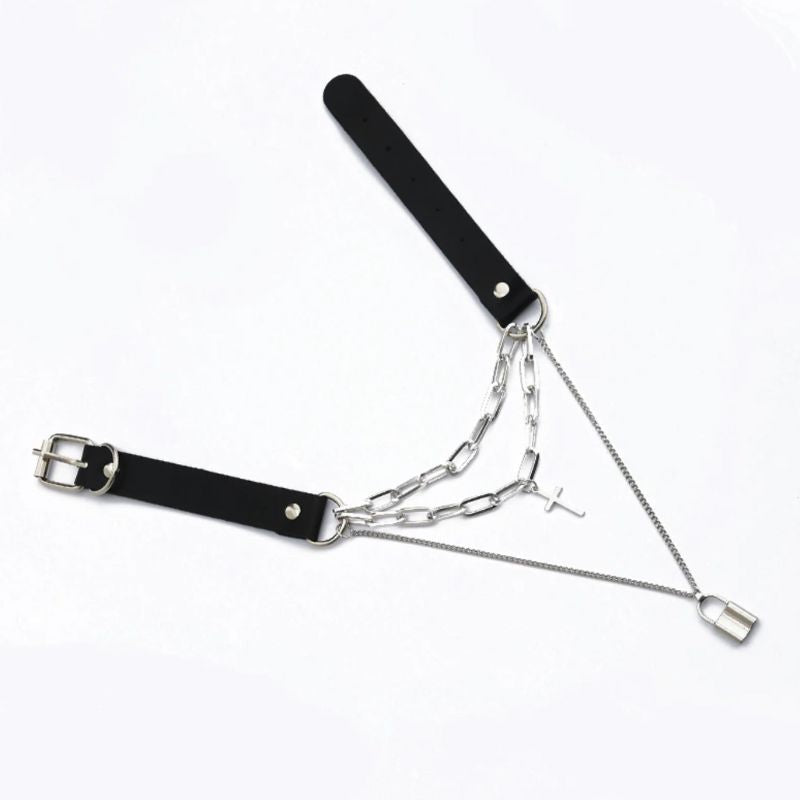 Kinky Choker Halsband mit silbernem Kreuz Anhaenger und Gliederketten
