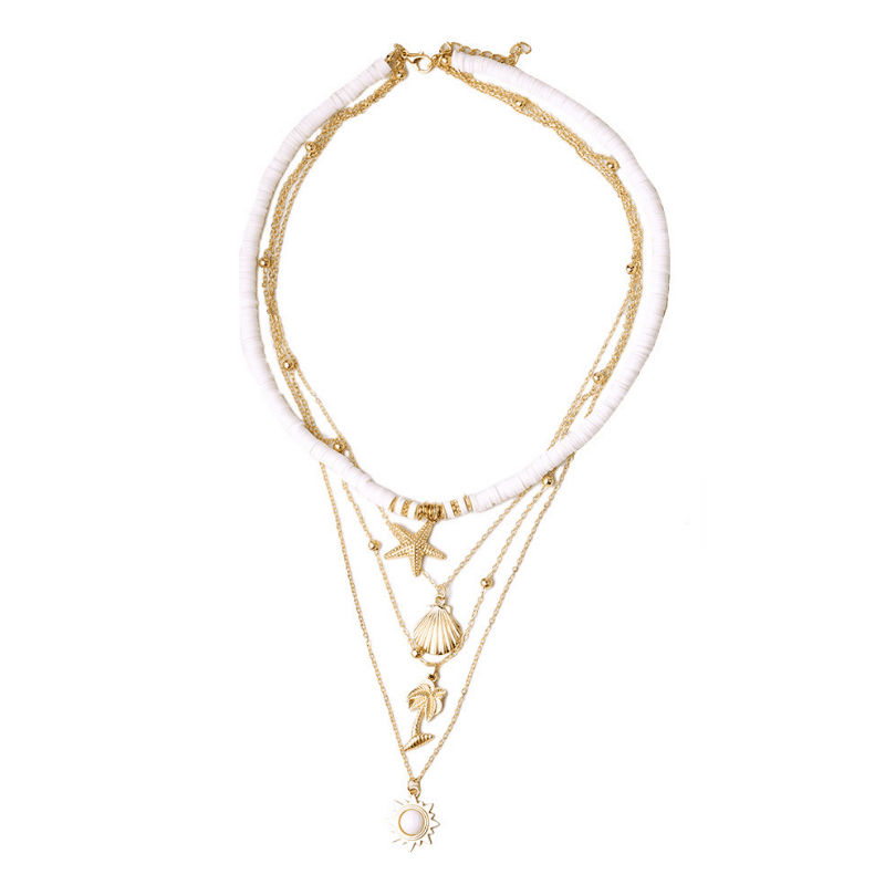 Multi Choker Halsketten weiss gold mit Palmen und Muschel Anhängern