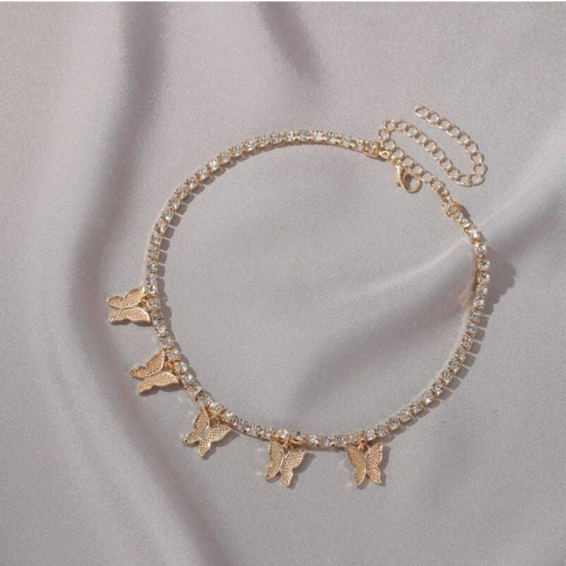 Goldene Choker Halskette Glitzer Steine mit Schmetterling 