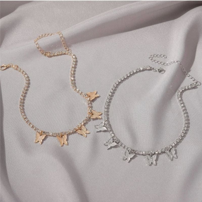 Choker Glitzer Kette Halskette mit Schmetterlingen 