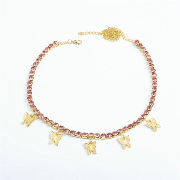 Rose Goldene Halskette Choker aus Strasssteinen und Schmetterlingen