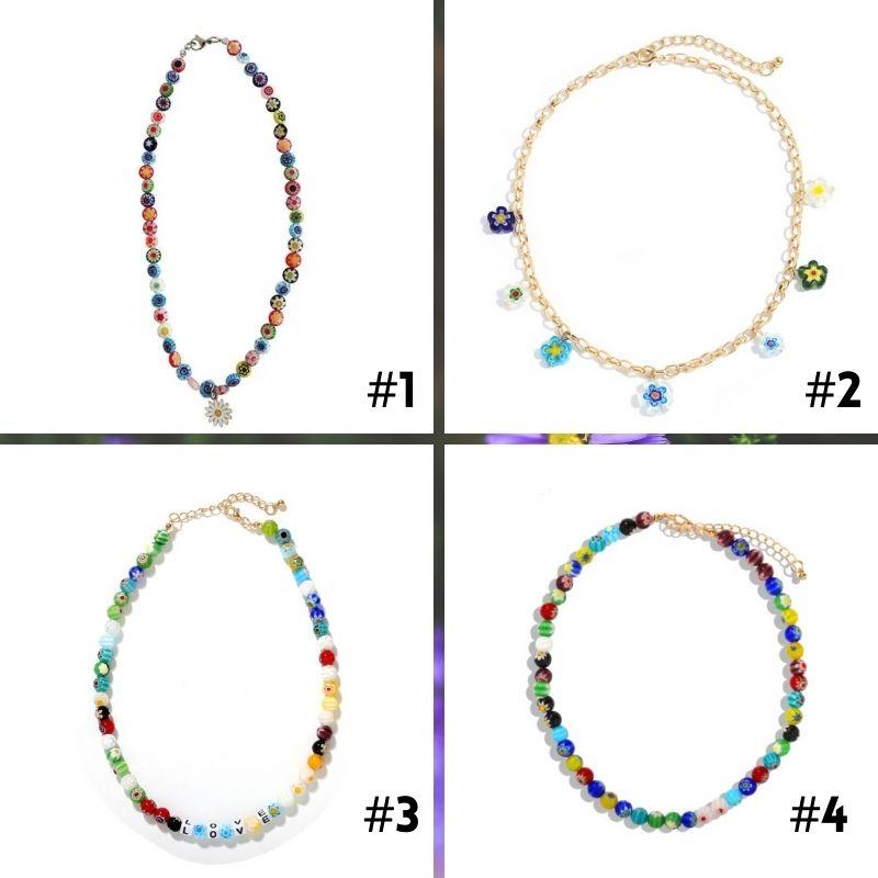 Farbige Blumen Choker Halsketten Damen - Flower Power Halsketten mit LOVE Buchstaben