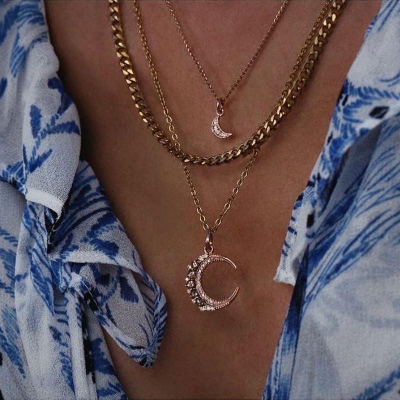 Halsketten Choker Set aus 3 Ketten mit Mond Anhaengern 