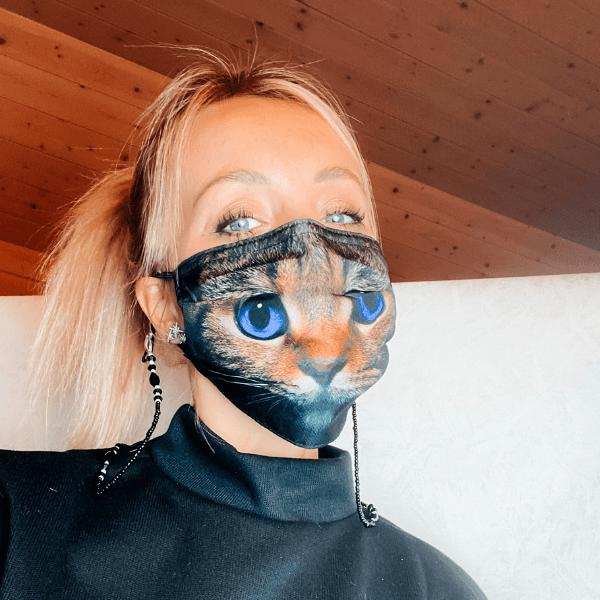 Stoffmasken mit Psychedelic Goa Spirituellen Katzen Motiven | Mundschutz mit Maske katze grosse blaue Augen