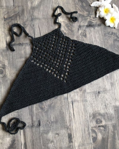 Schwarzes Crochet Boho Hippie Top zum binden am Nacken und Ruecken 