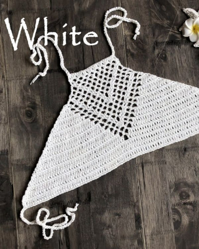 Weisses Boho Crochet Haekel Crop Top Rueckenfrei 