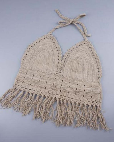 Beiges Crochet Crop Top mit Fransen - Boho Hippie Style Top
