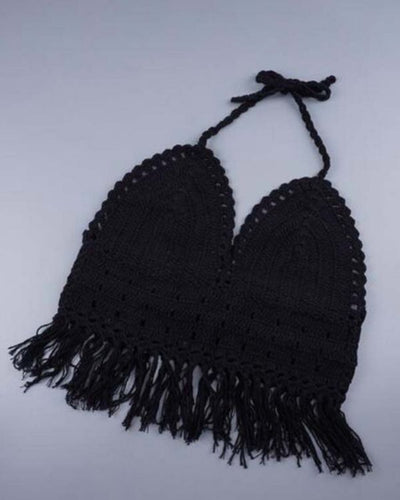 Schwarzes Crochet Top mit Fransen und zum binden am Nacken