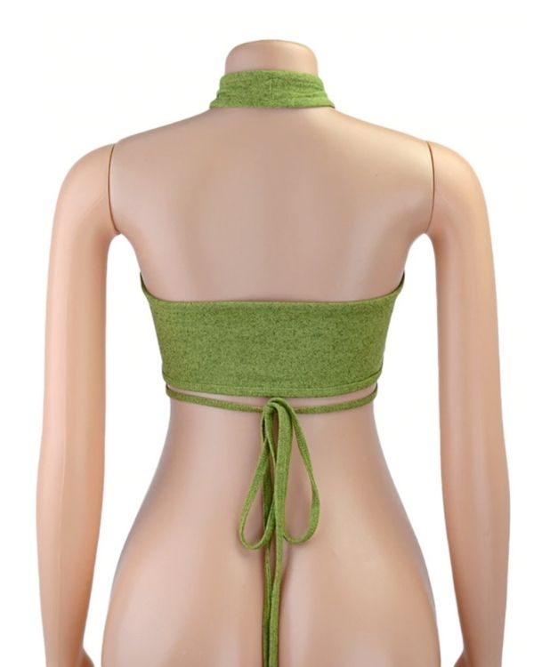 Rueckenfreies Bandage Wrap Nackentop Neckholder Top Gras Gruen