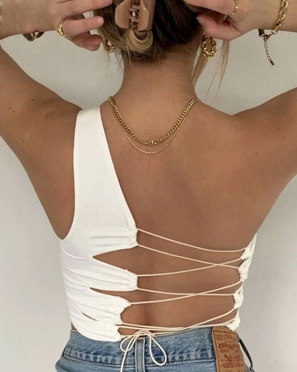 Weisses Crop Top One Shoulder Asymmetrisch Bauchfrei und Rueckenfrei zum binden