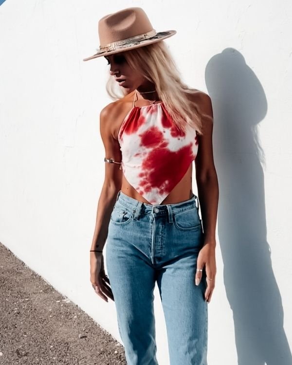 Batik Tie Dye Boho Crop Top in rot weiss - Rueckenfreies Damen Crop Top Neckholder zum binden 