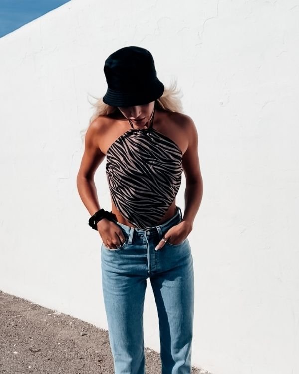 Damen Animal Print Crop Top mit Zebra Muster und Rueckenfrei 