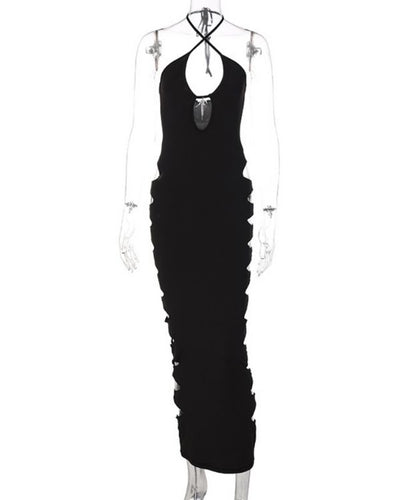 Schwarzes langes Damen Kleid mit gekreuzten duennen Traegern und Cut-Outs auf den Seiten 