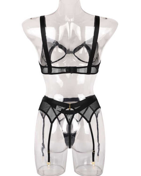 High Waist String Tanga und Strapsen Halterung und BH im Cut-Out Mesh Style