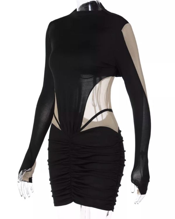 Schwarzes langarm Cut-Out Kleid mit Mesh Stoff an den Aermeln und auf Taillen Hoehe - Bodycon Mini Dress