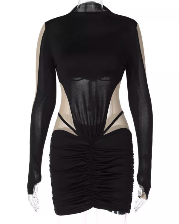 Cut-Out Bodycon Mini Kleid in schwarz mit transparentem Mesh stoff an Aermel und Taille
