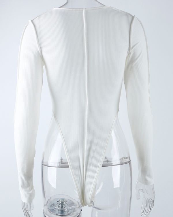 Weisser High-Waist Bodysuit mit Schnuerrung Bondage Effekt auf der Vorderseite 