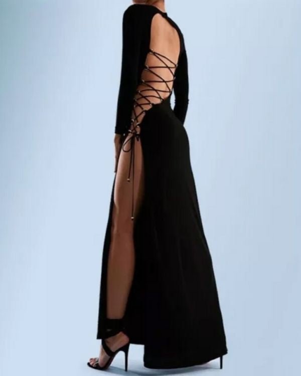 Schwarzes Bodenlanges Kleid Damen mit Schnur Effekt 