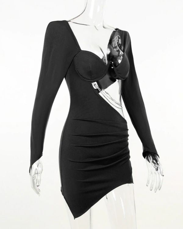 Elegantes Mini Bodycon Kleid mit Cut-Outs und Buegel BH - Strasssteine Glitzersteine Kleid asymmetrischem Schnitt 
