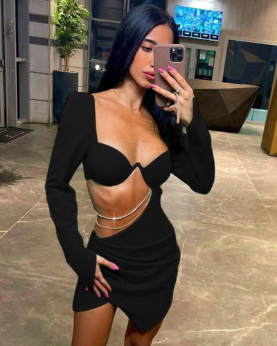 Kurzes sexy Mini Kleid The Black Dress - Cut-Out Bodycon Kleid mit Strasssteinen 