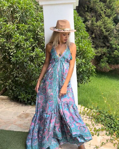 Langes Damen Kleid mit Paisley Blumen Muster in hellblau und rosa gemischt