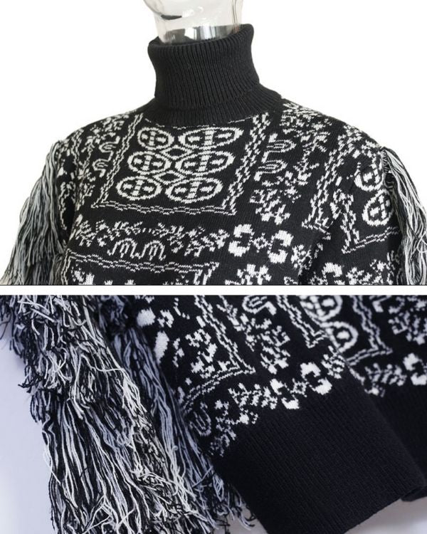 Schwarzer Designer Damen Rollkragen Pullover - Strickpullover mit Ethno Boho Mustern