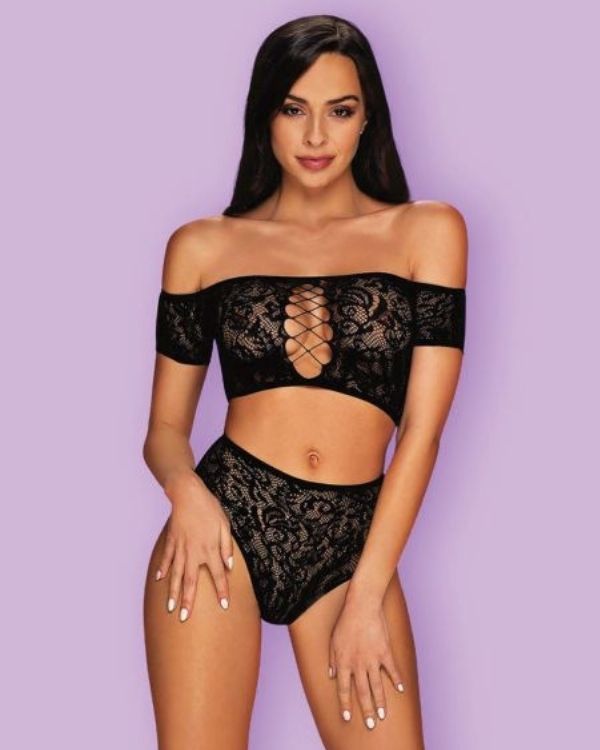 Dessous Set aus Bandeau Top mit Schnur Imitat Netz - Mesh Stoff transparentes Zweiteiler Set